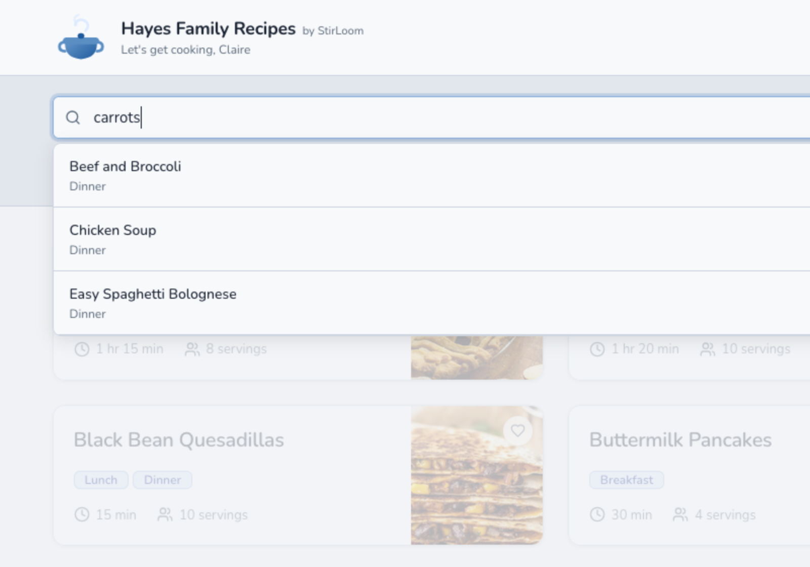 Search recipes by ingredient or keyword